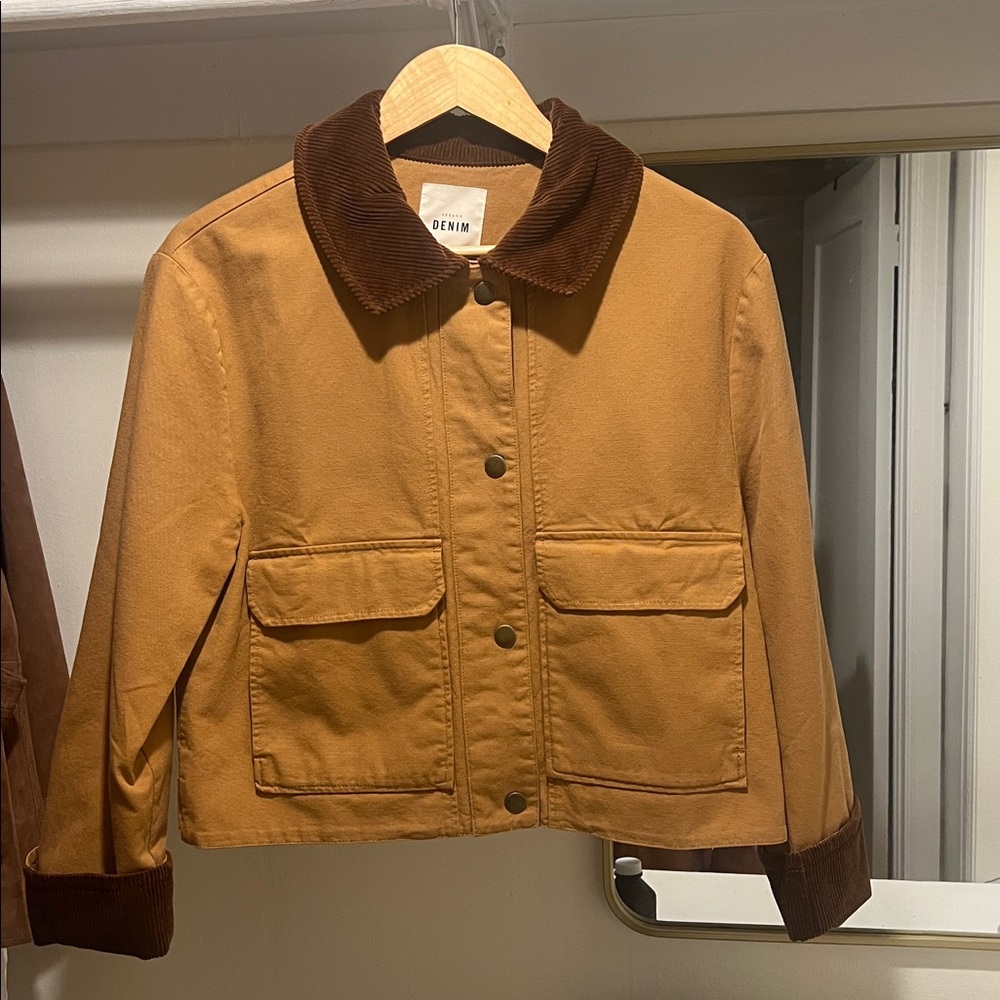 Sezane Marion Utility Jacket in Cognac Brown with Dark Brown Trim